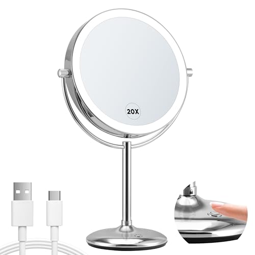 VORREMIRR 9" Chrome Makeup Mirror with Lights, 1X/20X Magnification, Rechargeable