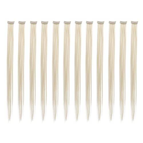 SWACC 12 Pcs Straight One Color Party Highlights Clip on in Hair Extensions Colored Hair Streak Synthetic Hairpieces (Platinum Blonde)