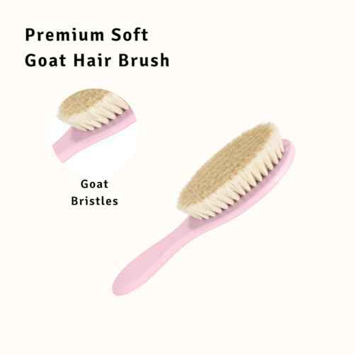 Baby Hair Brush - Ultra Soft Goat Bristles - Wooden Cradle Cap Brush for Newborns, Infants, Toddlers - Gentle Scalp Grooming and Styling for Baby Girls and Boys (Rosa)