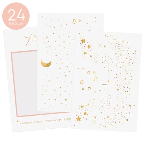 Flash Tattoos Pixie Dust Authentic Metallic Temporary tattoos-2 sheet mini pack | Includes over 24 premium foil waterproof tattoos, face glitter, face gems, festival, face freckles