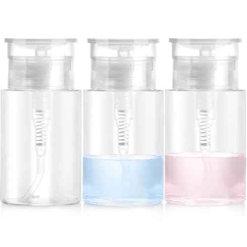 3 Pack Push Down Pump Dispenser with 6 Labels, Empty Push Top Bottles for Nail Polish, Makeup Remover, Micellar Water, Essence, Dish & Facial Toner, 2oz/60ml