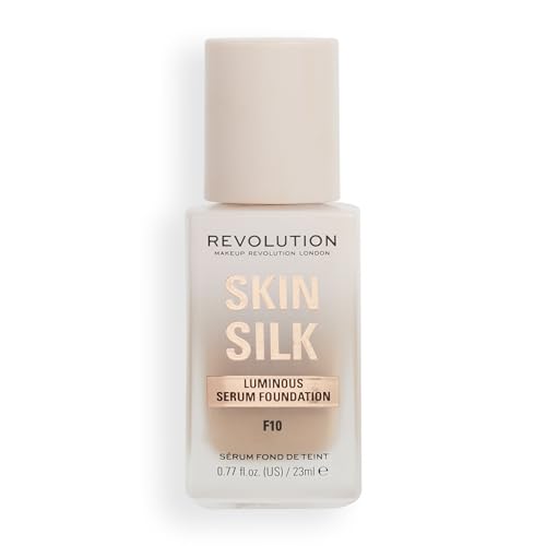 Revolution Skin Silk Radiant Satin Serum Foundation, Lightweight, Buildable Coverage with Hydrating Hyaluronic Acid for a Natural Finish, Vegan & Cruelty-Free, F10 Medium Skin Tones, 0.77 fl oz