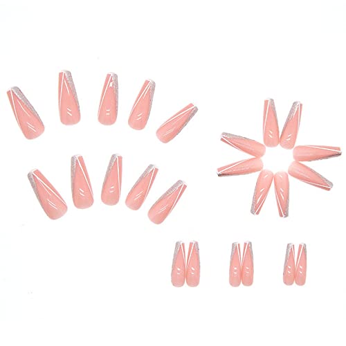 MISUD Long Press on Nails Coffin Fake Nails French Tip False Nails Glitter Glue on Nails Ballerina Acrylic Nails Pink Artificial Nails with Design for Women and Girls 24Pcs