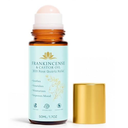 Organic Castor Oil Roll-On with Rose Quartz Roller Ball for Skin & Hair Care