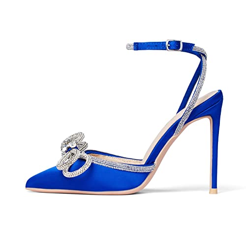 Elisabet Tang Women's High Heel Pumps,Satin Rhinestone Bowknot Lace Up Sandals Pointed Toe Ankle Buckle Straps Pump Stiletto Sandals