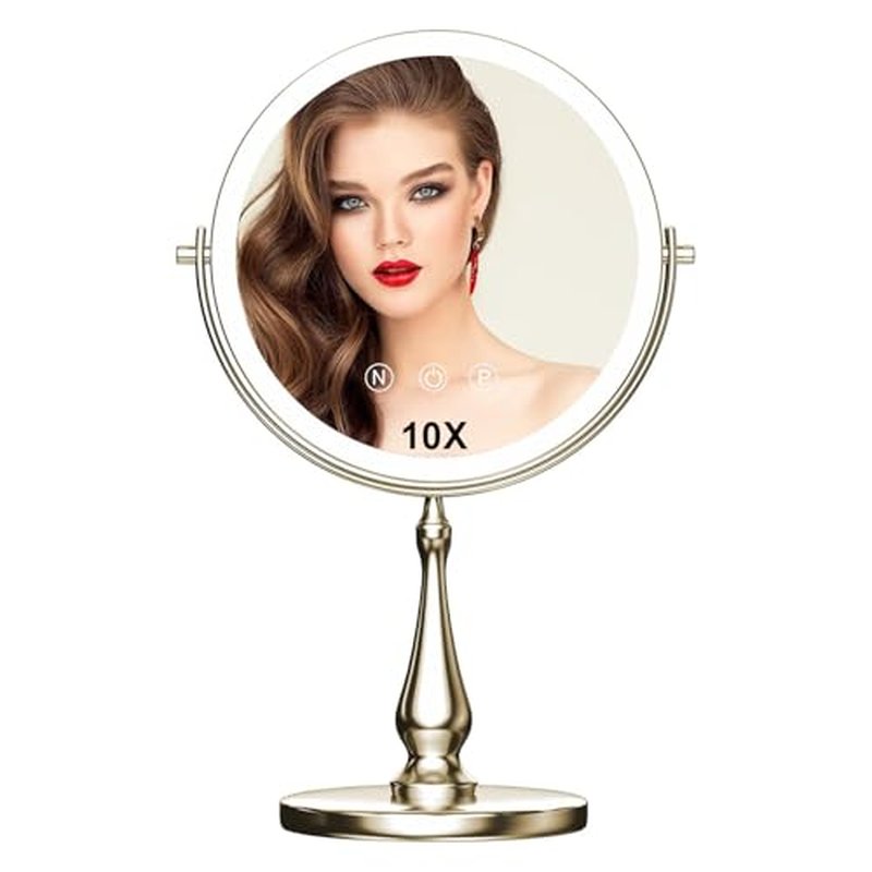 9 "Large Light Makeup Mirror, 1x / 10x True HD Magnifying Mirror, 3-Color Light dimmable, 2 Rechargeable Makeup Mirrors 360¡Æ Rotation, Standing Desk Makeup Mirror, Brush Nickel