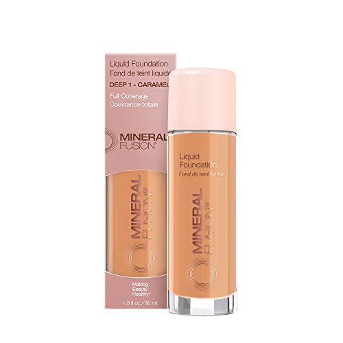 Mineral Fusion Full Coverage Foundation, Liquid Foundation - Deep 1- Tan to Deep Complexion w/Golden Undertones, Lightweight Matte Finish, Up to 12 Hr Hydration, Hypoallergenic & Vegan, 1 fl. oz