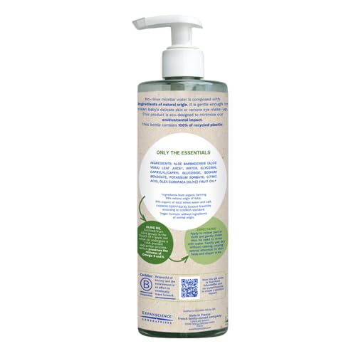Mustela Organic Micellar Water for Babies & Adults - Fragrance-Free, No-Rinse Natural Cleanser with Olive Oil & Aloe Vera - 13.5 oz