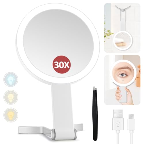 White 30X Magnifying Lighted Travel Makeup Mirror with 56 LEDs & Dimmable Modes