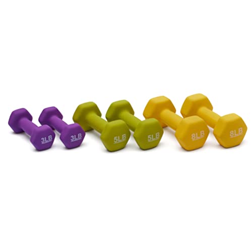 Amazon Basics Neoprene Dumbbell Set with Rack - 3, 5, 8 lbs Hand Weights for Exercise & Strength Training