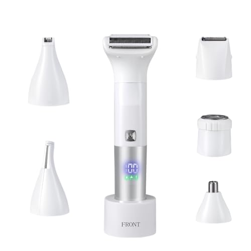 Shaver for Women, 6-in-1 Body Hair Trimmer, Facial & Pubic Hair Removal, IPX7 Waterproof Wet & Dry Grooming Electric Shaver Kit,Cordless Travel Razor with USB Charging Dock