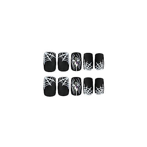 Halloween Press on Nails Short Fake Nails Full Cover Red French Tip Stick on Nails Artificial Nails with Blood Droplet Designs Square Acrylic Nails Glossy Glue on Nails for Women Girls 24pcs