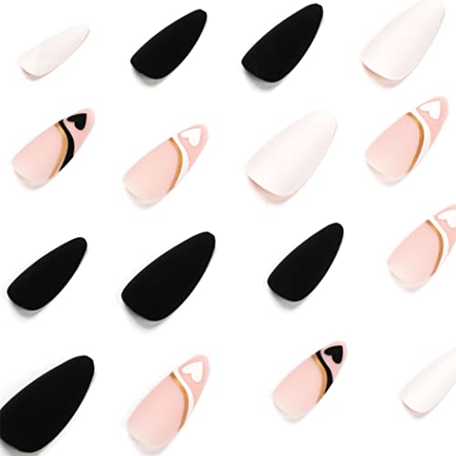 Outyua Matte Almond Press on Nails Nude Medium Length False Nails with Designs Acrylic Nail Tips Artificial Fake Nail with Adhesive 24Pcs for Women and Girls (Heart)