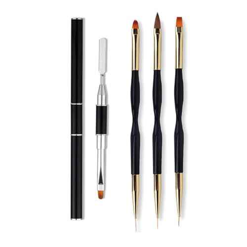 4 in 1 Set, Dual-Ended Polygel Brush Picker Brush, 3 Pcs Nail Drawing Pen, Dual End Nail Art Pen Brush Acrylic Round Flat Painting Drawing Liner Nail Tools