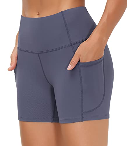 THE GYM PEOPLE High Waist Yoga Shorts for Women Tummy Control Fitness Athletic Workout Running Shorts with Deep Pockets (Small, Ink Blue)