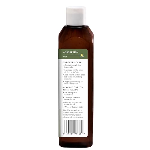 Aura Cacia Organic Castor Oil, Pure Ricinus Communis Oil, For Skincare, Hair Care, Massage, Carrier Oil | 16 Fl Oz (Pack of 1)