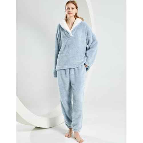 Gihuo Women' s Fluffy Pajamas Set Fleece Pullover Pants Loose Plush Sleepwear 2 Piece Pjs Set Warm Loungewear Fuzzy