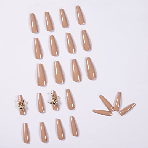 Glamyboo 24Pc Long Coffin Press On Nails with 1.5g Glue | False Nails for Women | Luxury Matte/Glossy Rhinestone Design Full Cover DIY Do-It-Yourself Fake Nails | Glue+ File+Cuticle Pusher Included (Glossy Beige 3D Rhinestone Pearl Cross)