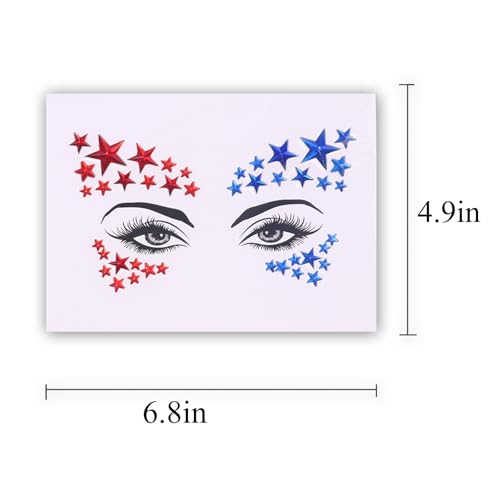 Independence Day Face Gems,4th July Fece jewelry Red Blue Star Tattoo Sticker rhinestones for Women Kids Parade Makeup Party Decoration 2 pcs