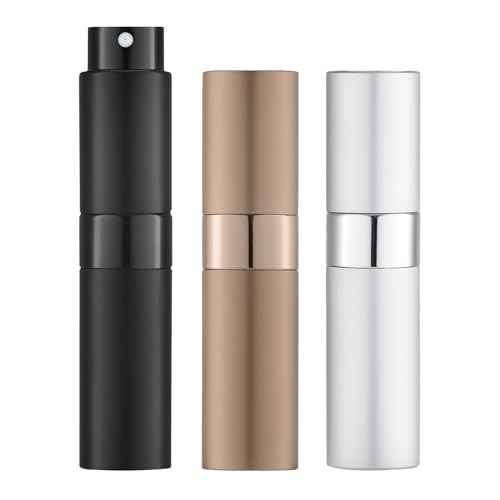 Lisapack 8ML Atomizer Perfume Spray Bottle for Travel (3 PCS) Empty Cologne Dispenser, Portable Sprayer (Black, Silver, Brown)