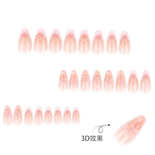 UZJXQ Style-19 Medium Almond Pink Press-On Nails with 3D Flower Design, Glossy Fake Nails for Women Menicure, 24Pcs