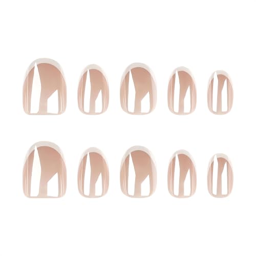 Stbisen 54-French Veil Short Oval Chrome Press On Nails 30PCS, Reusable Nude & White French Manicure