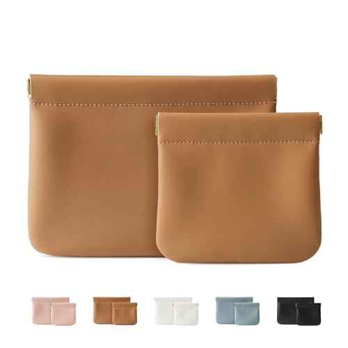 2 Pack Small Makeup Bag for Women, New Organosilicon Super Fiber Leather Mini Cosmetic Bag for Travel, Coin Purse Organizer Storage Pouch (Brown)
