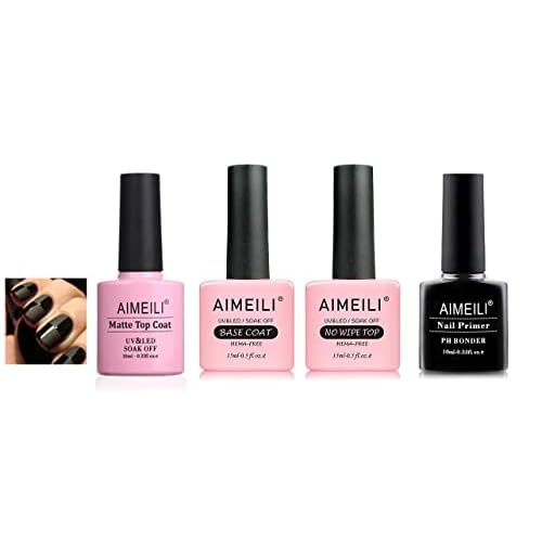 AIMEILI No Wipe Top Coat, Base Coat, Nail Primer, and No Wipe Matte Top Coat Set