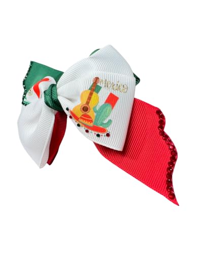 Mexican Flag Hair Bow for Girls - 2nd Edition Red/Green/White Rhinestone Clip