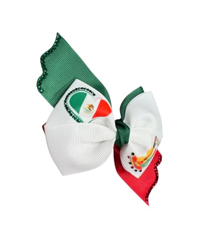 Mexican Flag Hair Bow for Girls - 2nd Edition Red/Green/White Rhinestone Clip