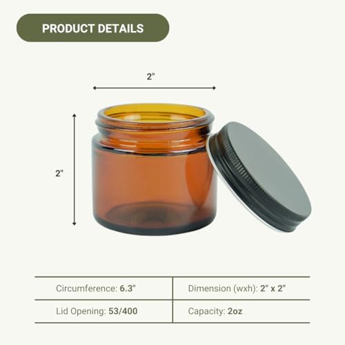 Glass Amber 2oz Jar - 12 Packs, Empty Round Jars For Beauty Products, Lotion, and Powders - Black Lid - Small Candle Jars