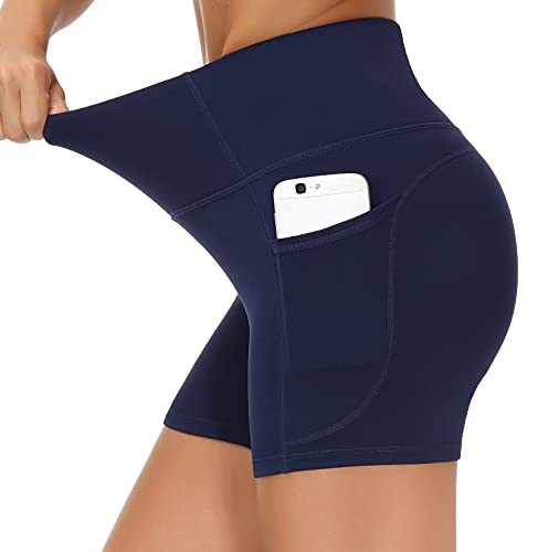 THE GYM PEOPLE High Waist Yoga Shorts for Women's Tummy Control Fitness Athletic Workout Running Shorts with Deep Pockets (Small, Blue)