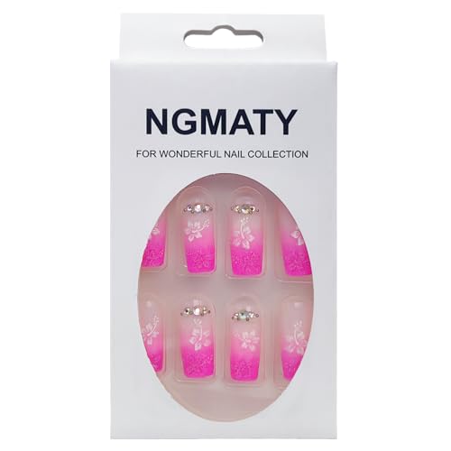 NGMATY Press On Nails Long Pink Gradient Threedimensional Petal Rhinestone Fake nails 12 Sizes 24 Pcs Gel False Nail Set