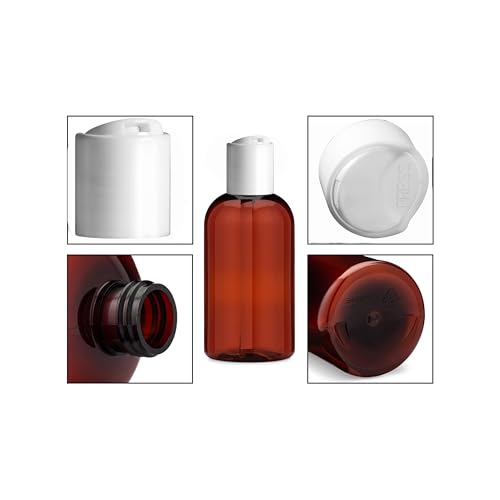 16 oz Refillable Plastic Bottles with Disc Lids - 6 Pack with Waterproof Labels - Organize Soap, Shampoo, Lotion - PET, Lightweight, BPA Free (Amber/Brown, White Disc, Floral Labels)