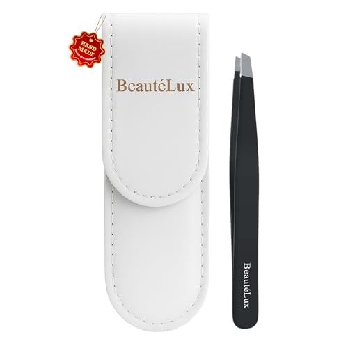 BeautéLux Black Premium Slant Tip Eyebrow Tweezer – Stainless Steel, Leather Case