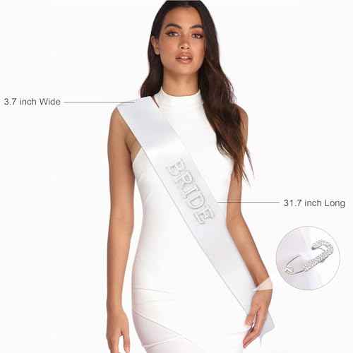 Etercycle Bride Sash, Bride To Be Sash Bridal Gifts, White Pearls Rhinestones Sashes Bachelorette Party Decorations Bridesmaid Favors With Adjustable Diamond Pin