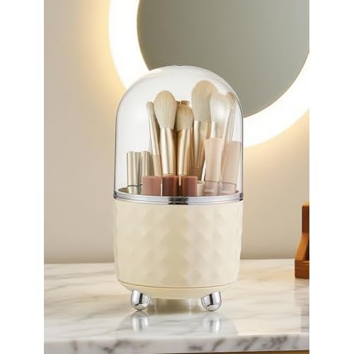 Makeup Brush Holder with Dustproof Lid, 360 Rotating Makeup Brush Organizer, Brushes Cup for Cosmetics, Nail Polish, Bathroom Vanity