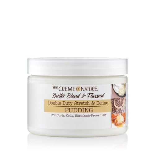 Creme of Nature Double Duty Stretch and Define Pudding with Butter Blend Flaxseed and Argan Oil, Moisture-Rich Anti-Shrinkage Curl-Defining Cream for Natural Hair Styling, 11.5 oz