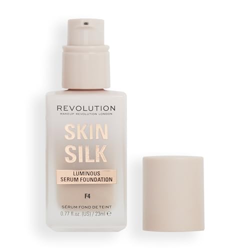 Revolution Skin Silk Radiant Satin Serum Foundation, Lightweight, Buildable Coverage with Hydrating Hyaluronic Acid for a Natural Finish, Vegan & Cruelty-Free, F4 Light Skin Tones, 0.77 fl oz