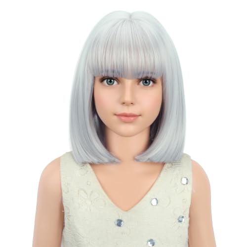 PATTNIUM Grey Bob Wig for Kids - Short Synthetic Wig with Bangs