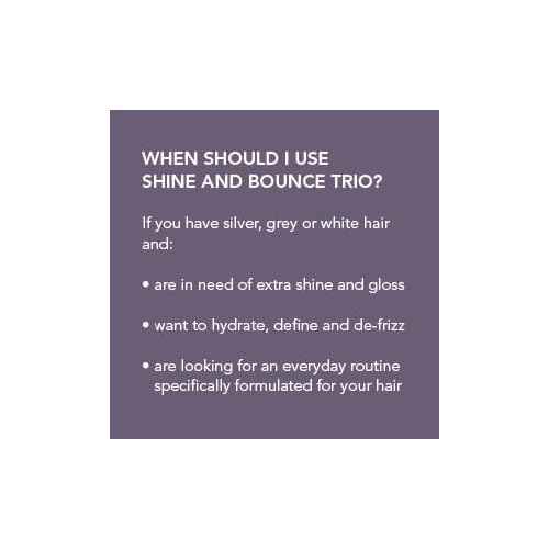 White Hot Shine and Bounce Trio: Glorious Shampoo 200ml, Luminous Conditioner 200ml, Infinity Mousse 150ml, Detoxing, nourishing, moisturising care plus low-effort, big impact style.