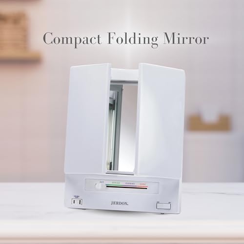 JERDON Lighted Makeup Mirror 5X Magnification Tri-Fold White