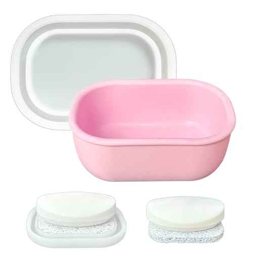 Leakproof Silicone Travel Soap Case with Drainage Layer, Silicone Bar Soap Holder Compact Portable Shatterproof Soap Container Box for Bathroom Gym Camp Travel Toiletries (Pink, Clear Lid)