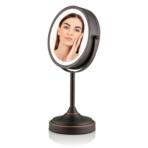 OVENTE 7'' Lighted Makeup Mirror with 1X/7X Magnification, Cordless Tabletop Mount Vanity Mirror with 360¡Æ Swivel Design & Double Sided Glow Cosmetic White LED Ring Light, Antique Bronze MCT70ABZ1X7X