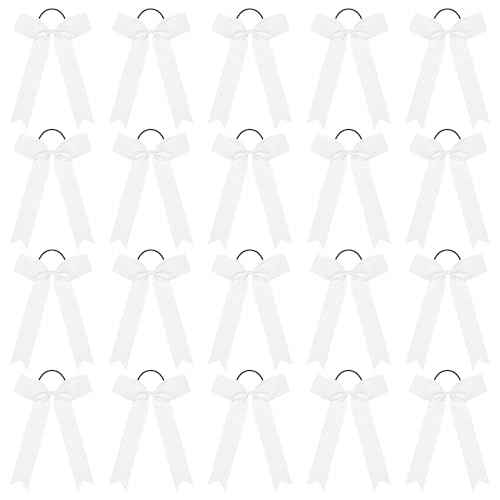 CEELGON 20 PCS College Style Cheer Bows Collegiate Long Tail Skinny Cheer Bow Elastic Hair Tie Bows for Teens Girls Softball Competition Sports Cheerleaders (White)