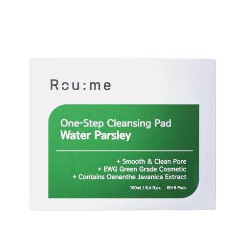 ROUME One-Step Water Parsley Cleansing Pad (65 Pads) - Korean Face Cleanser & Makeup Remover for Sensitive Skin, Dual-Sided Embossed Pads with 16,987ppm Parsley Extract, EWG Green & Vegan, 6.4 fl.oz.