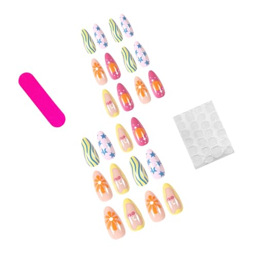 24Pcs Almond Shaped Press On Nails - Colorful Floral Designs