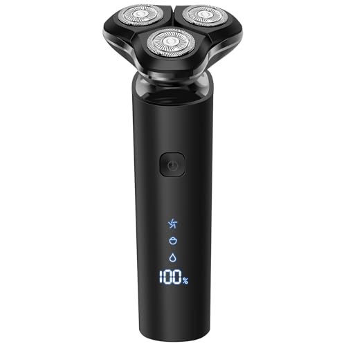 Black Electric Razor for Men with 3-Blade Rotary System, Touch Switch, LED Display, Travel Lock