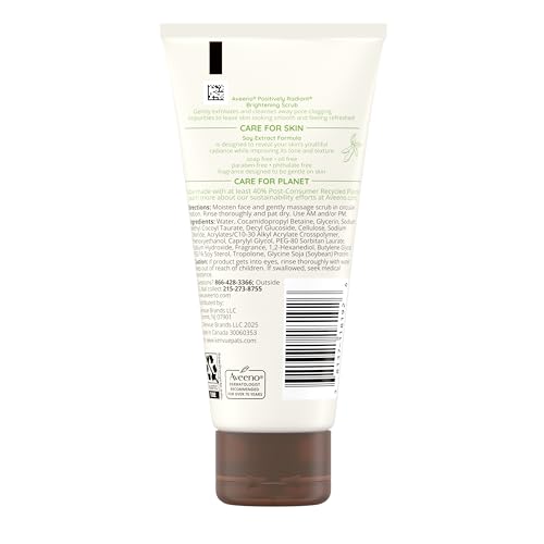 Aveeno Positively Radiant Skin Brightening Exfoliating Daily Facial Scrub,Moisture-Rich Soy Extract,helps improve skin tone & texture,Oil-& Soap-Free,Hypoallergenic,Travel Size,2 oz,(Pack of 2)