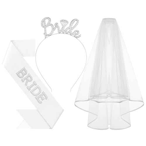 3Pcs Bride to Be Headband with Sash and Veil for Bachelorette Party Decorations, Bridal Shower Accessories for Gift, Favors - Silver